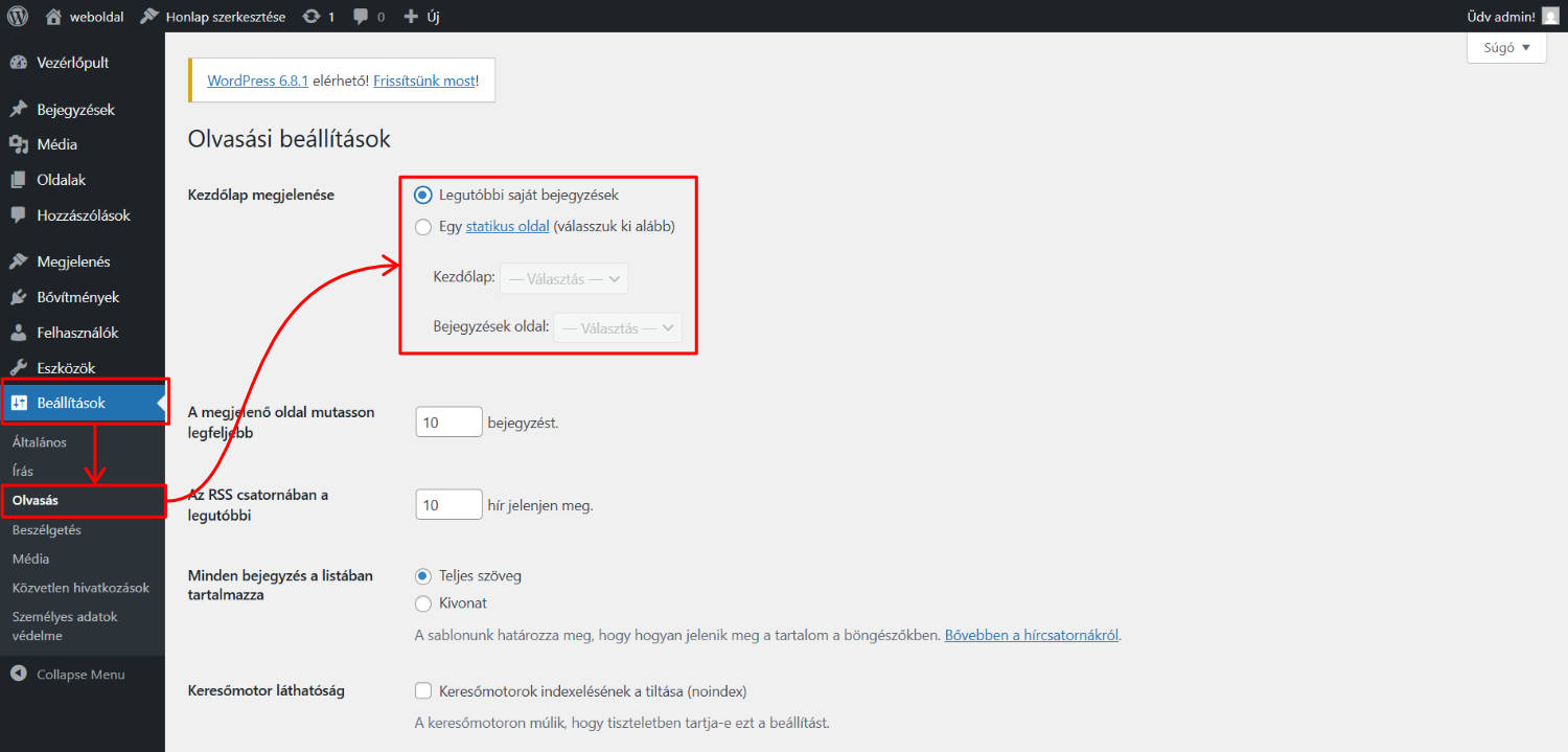 A WordPress kezdőoldal átállítása a Beállítások, Olvasás menüpontban