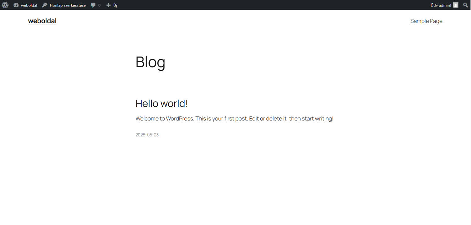 A WordPress telepítése után a weboldal egy alap sablonnal így néz ki